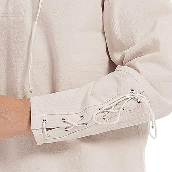 Мужчины Speing Top Воротник-стойка на шнуровке с V-образным вырезом и длинным рукавом Сплошной цвет Готический панк Пиратский стиль Свободный пуловер Мягкая дышащая мужская рубашка средней длины