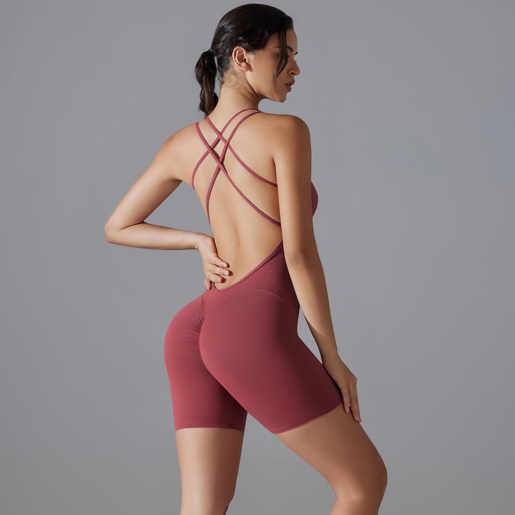 Auroth Back Cross Yoga Bodysuit Women Shorts One Piece Fitness Romper Outdoor Running Sports Jumpsuit