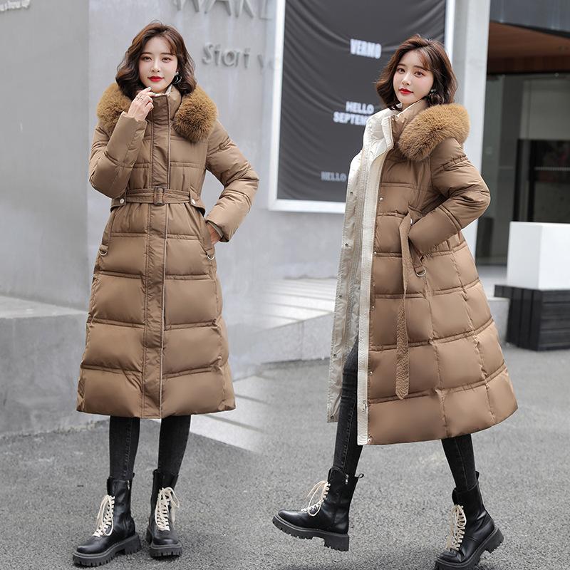 Women's Autumn And Winter Overcoat Long Knee-length Down Cotton Jacket Large Wool Collar Slim Fitting Waist Band Cotton Jacket