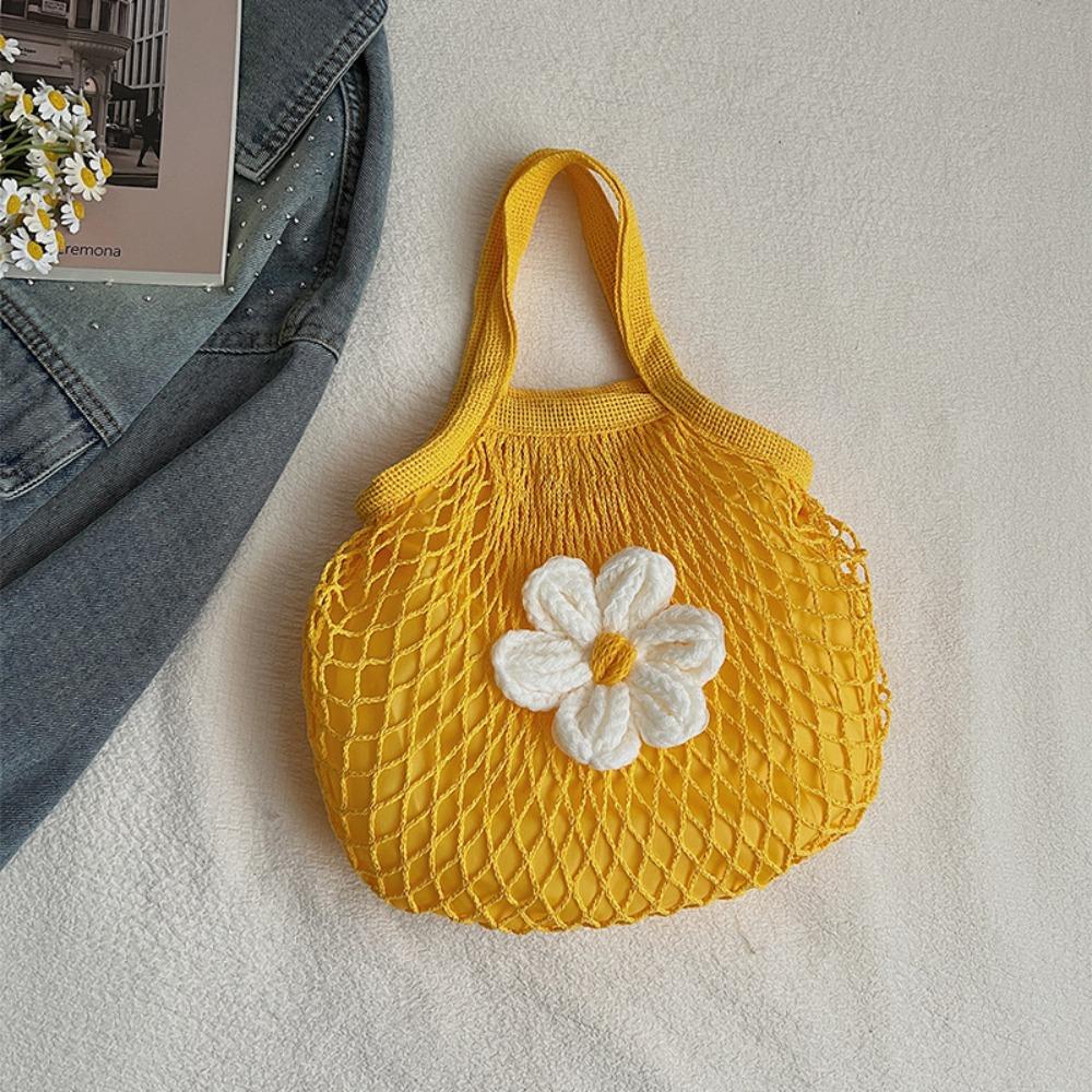 Leisure Summer Woven Handbag Large Capacity Flower Nylon Mesh Tote Bag Fashion Simple Grocery Bag Shopping Bag