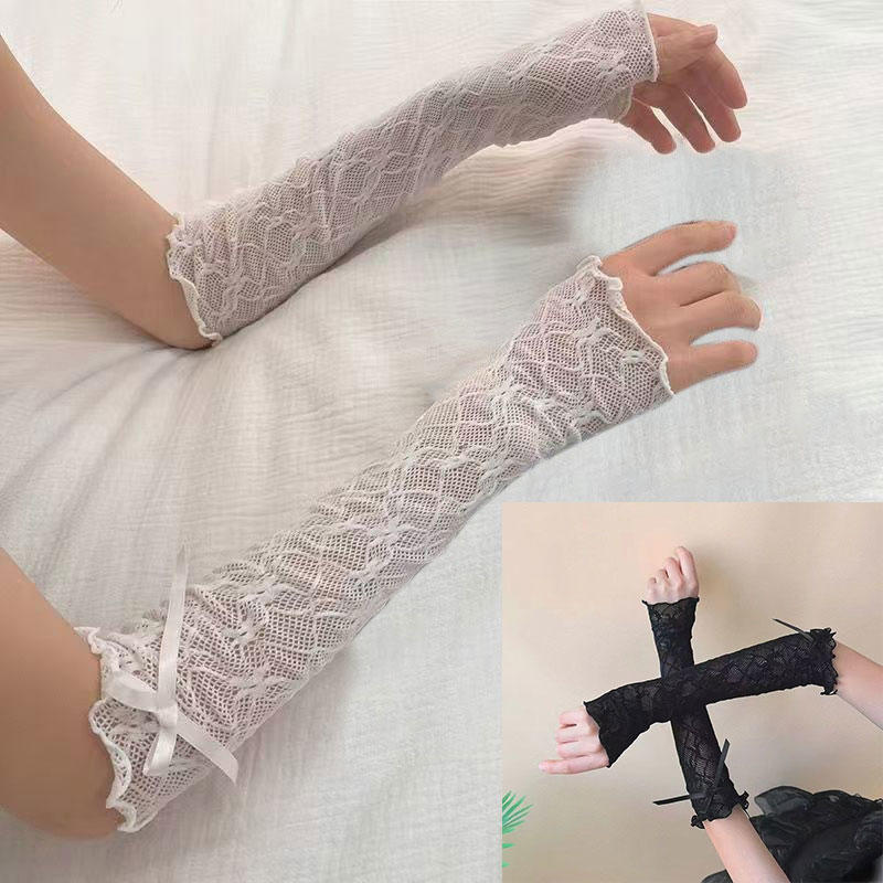 Lace Ruffle Lolita Lace Gloves Black White Bowknot Strapping Arm Warmers Japanese UV Protection Mittens Cosplay Accessories