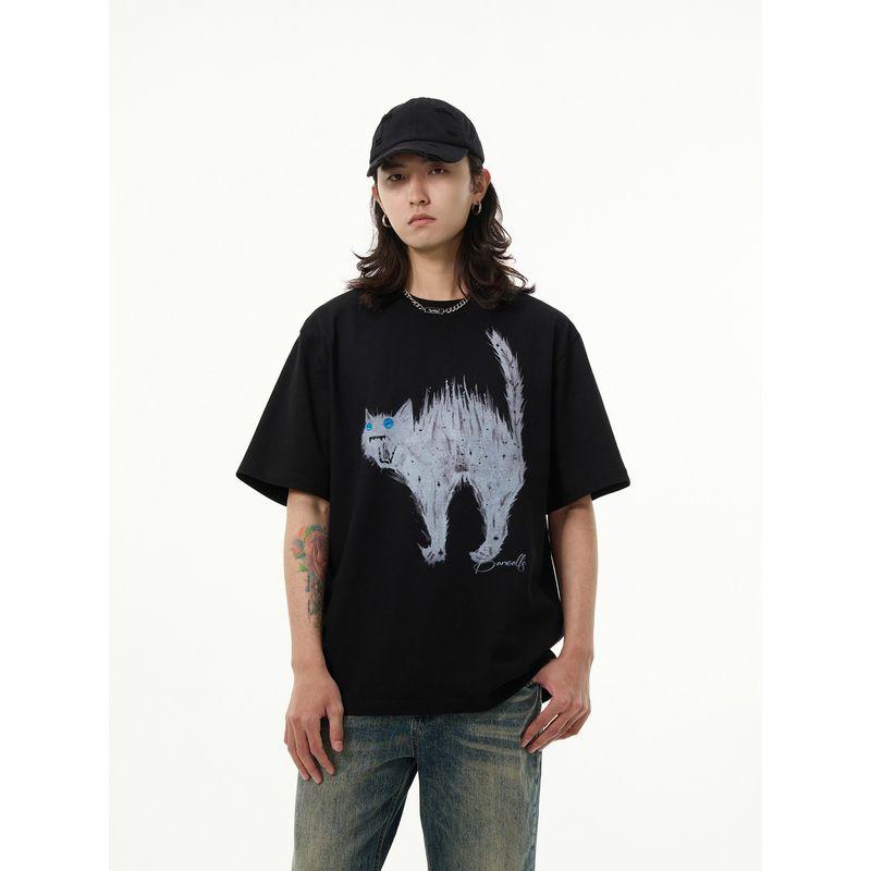 Kisko American Retro Cat Print Round Neck Short-Sleeved T-Shirt Men's New Summer Loose Design Top T-Shirt
