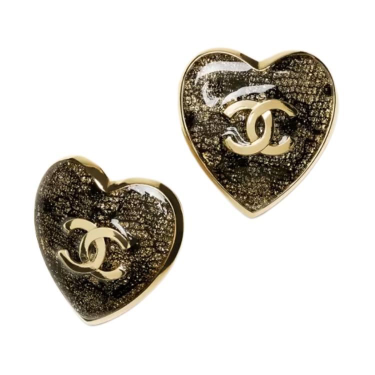 Chanel 24K New Heart Double C Shaped Metal Lace Resin Earrings Women earrings Gold ABE704-B18615-NAAOK