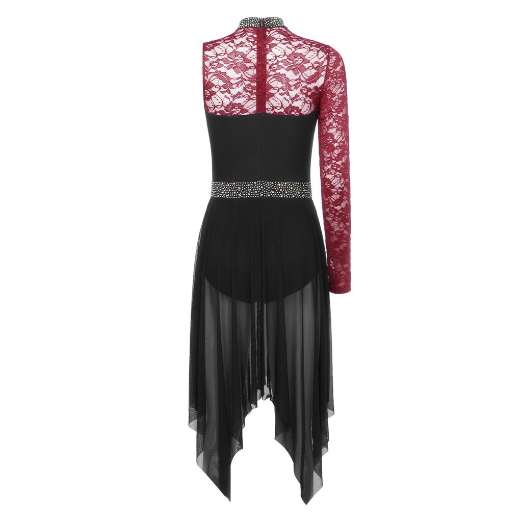 Women Modern Dance Costume Single Sleeve Dress Floral Lace Mesh Patchwork Rhinestone Classical Ballet Dance Outfit Lyrical Dress