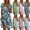 Women's Casual Fashion Lapel Floral Print Dress Short Sleeve V Neck Short Skirt