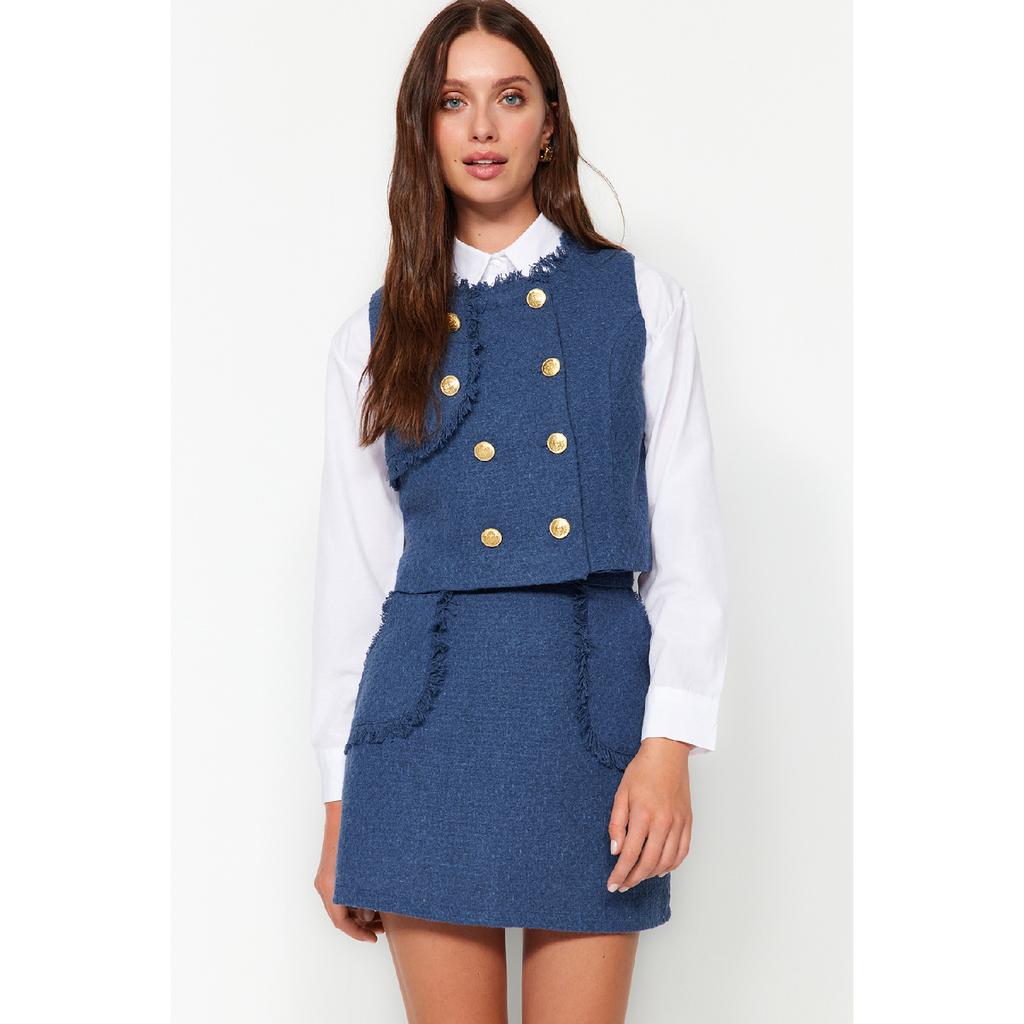 Мини-тканая юбка из твидовой ткани индиго с кисточками Twoaw24et00204