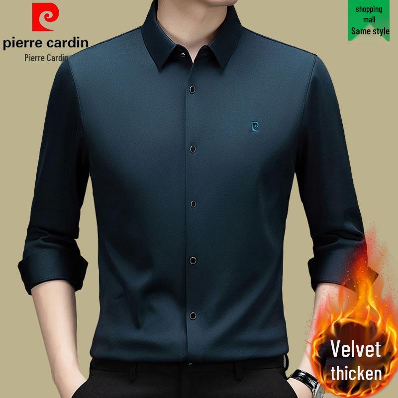 Мужская рубашка Pierre Cardin с длинным рукавом из шелка-тусса (mulberry silk) - Не требует глажки, С начесом, Высококачественный business casual для осени/зимы