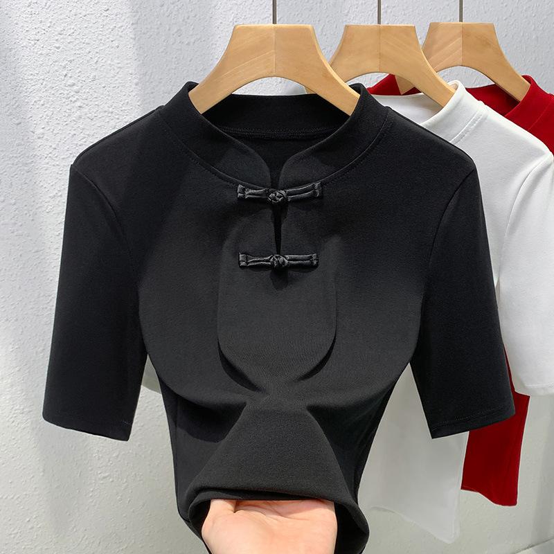 Футболка в китайском стиле с воротником-стойкой и рукавами средней длины для женщин, новая женская однотонная хлопковая футболка с короткими рукавами и застежкой на пуговицы в китайском стиле