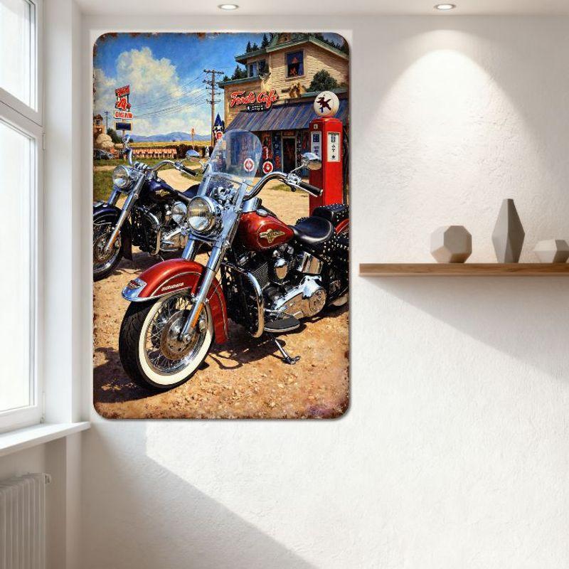 Винтажная металлическая жестяная вывеска Route 66 Ретро Мотоциклы Кафе Форда - Рустикальное Искусство Дорожного Americana для Бара Мужской Комнаты Столовой Домашней Стены D