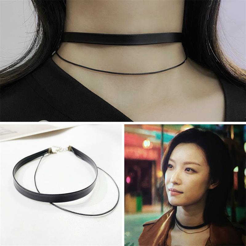 Черное кожаное ожерелье из веревки с короткой двухслойной цепочкой и воротником-секеткой, простая цепочка на ключицу, ювелирное изделие для женщин