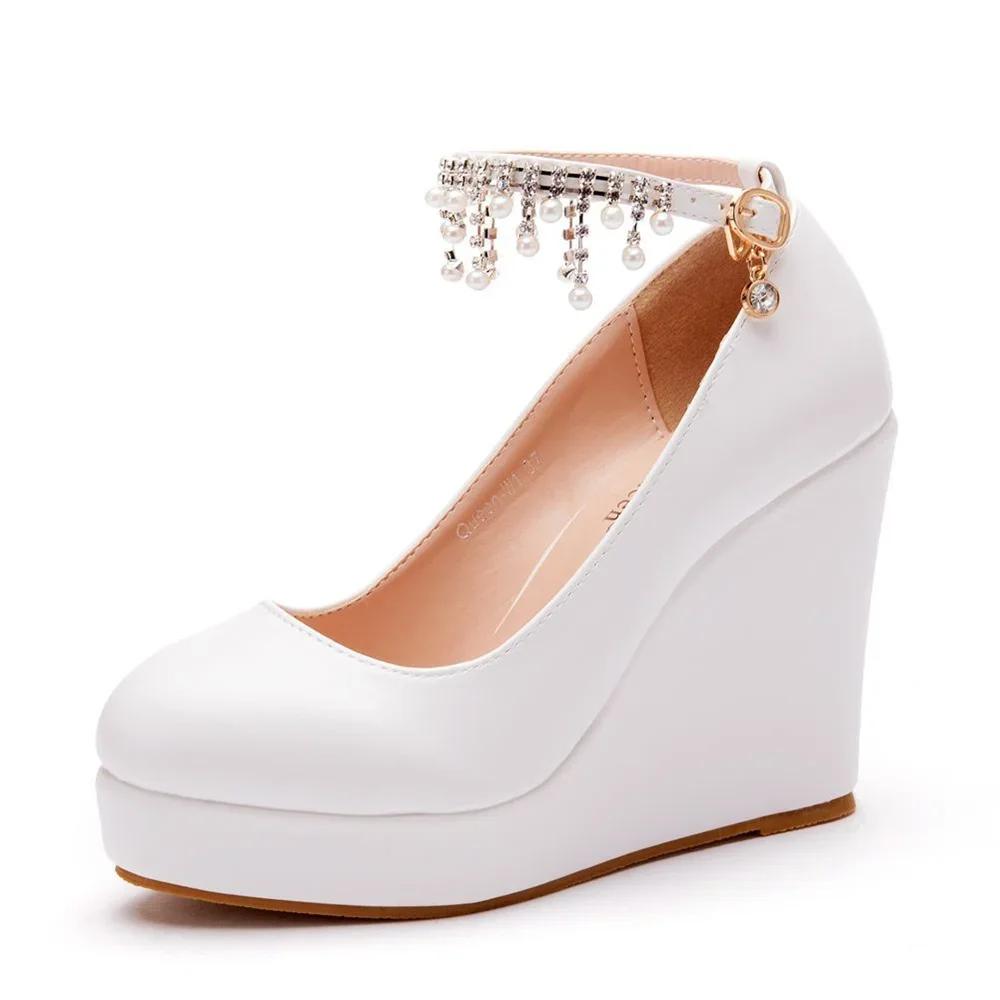 Fashion 10.5 CM White Round Head Ankle Strap Platform Wedges Women Pump High Heels  Dress Shoes Tassel Beaded Size 41 42 43