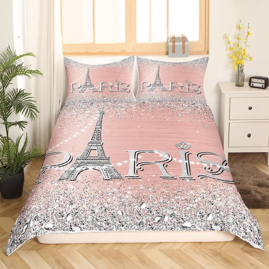 Watercolor Blue Sequin Duvet Cover Queen King Size Girls Teen Bedding Set Eiffel Tower Ombre Diamond Quilt Cover Home Decor