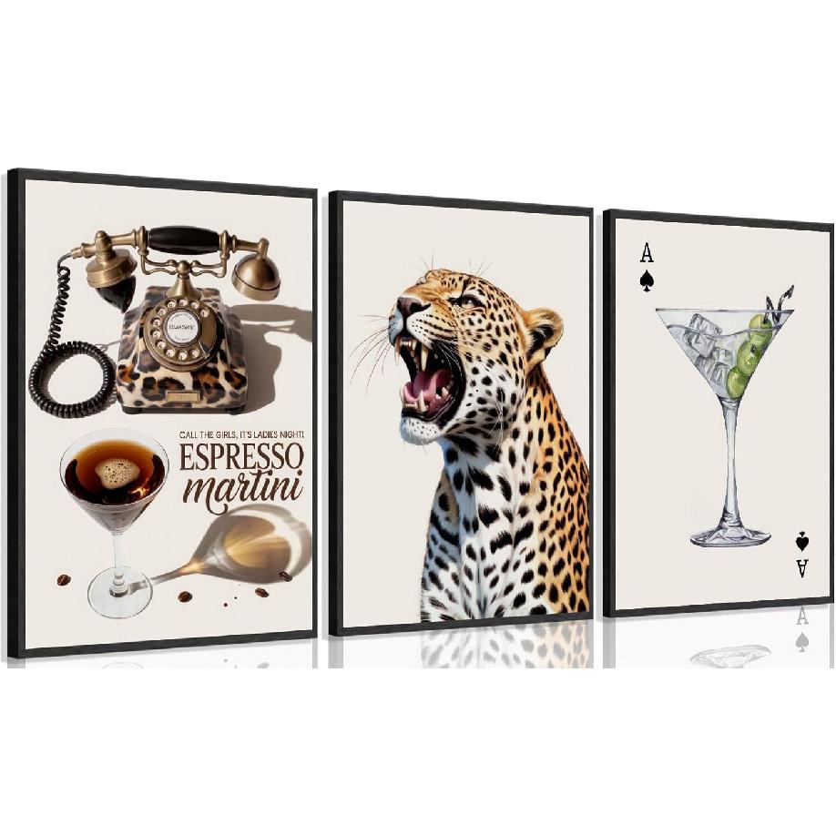Leopard Set of 3 Canvas Wall Art Trendy Cheetah Wall Decor Painting Pictures Espresso Martini Posters Prints Preppy Aesthetic Artwork for Women