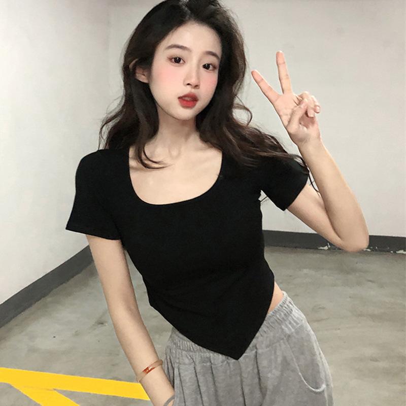 Square Neck Short-sleeved Women's Summer New Thin Slim Casual Top Irregular Girls' T-shirt
