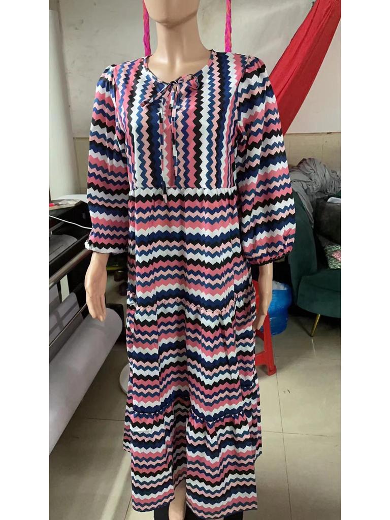 Летнее трендовое платье с геометрическим узором и рукавами-фонариками 2022 года, женская мода больших размеров.