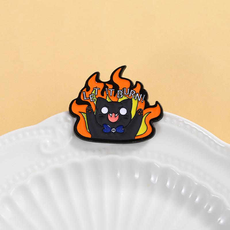 Alloy Enamel Brooch, Cute Cartoon Flame Black Cat Pattern, Kawaii Decorative Lapel Pin Badge Accessory for Backpack Clothing Bag