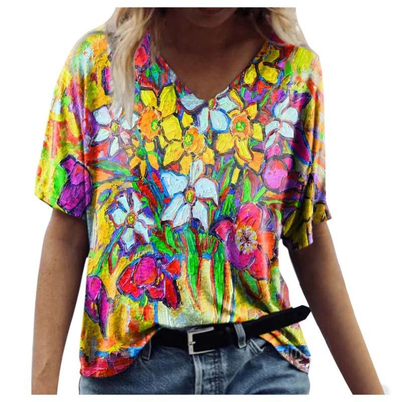 Summer Casual T Shirt With Floral Print And V Neck For Women