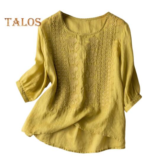 Женская рубашка с круглым вырезом и коротким рукавом, вышитый цветочный узор, топы, однотонная тонкая ретро-блузка, повседневная одежда