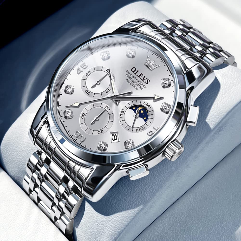 OLEVS Stylish and Popular Quartz Wristwatch with Date Silver Stainless Steel Classic Moon Swatch Men's Watch, Display, Waterproof, Business, Band,