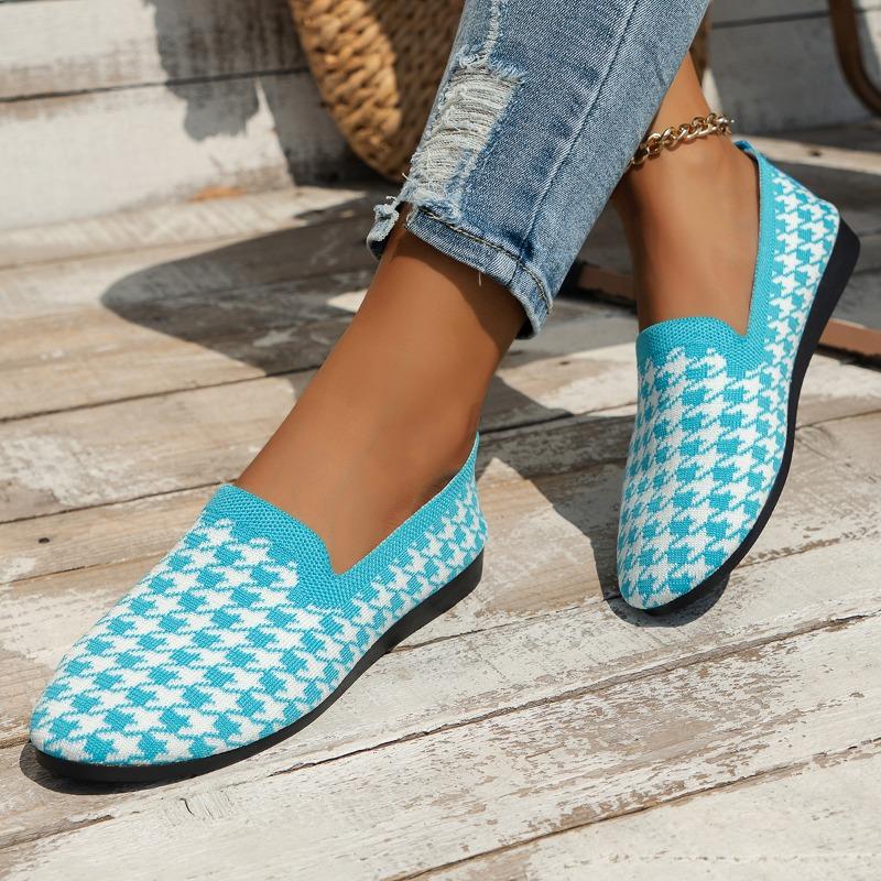2024 Round Toe Flat Shoes Female Shallow Mouth Sports Footwear Womens Plus Size Walking Knitting Sandals Plaid Print Loafers