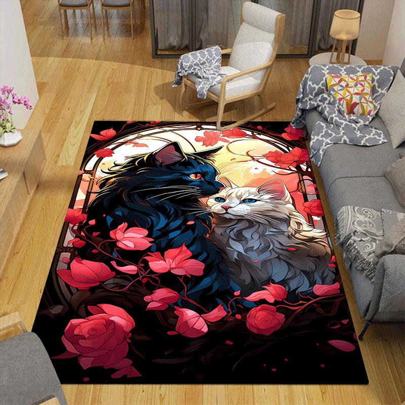 1pc Cat couple Design Indoor Area Rug - Soft, Anti-Slip, and Durable Gaming Room Decor for Bedroom