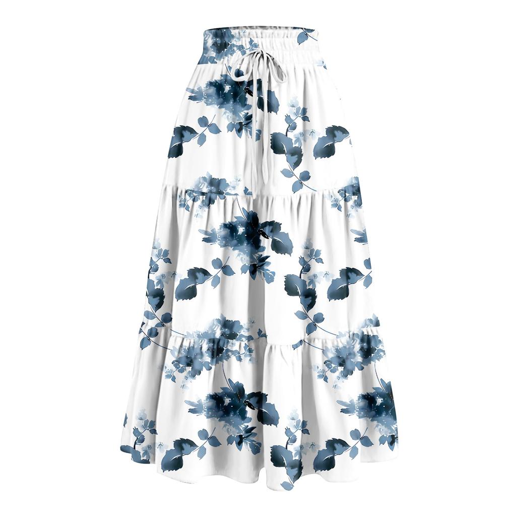 Women's Ruffled Spring Casual Long Skirt Plain Color Skirt Retro Pleated Skirt
