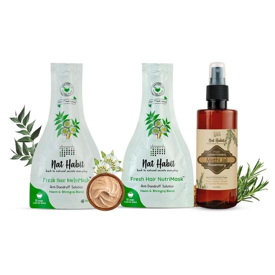 Nat Habit Neem & Bhringraj Blend NutriMask & Rosemary Conditioning Methi Jal Hair Care Combo For Men & Women Dandruff Control,(Combo Pack of 3)