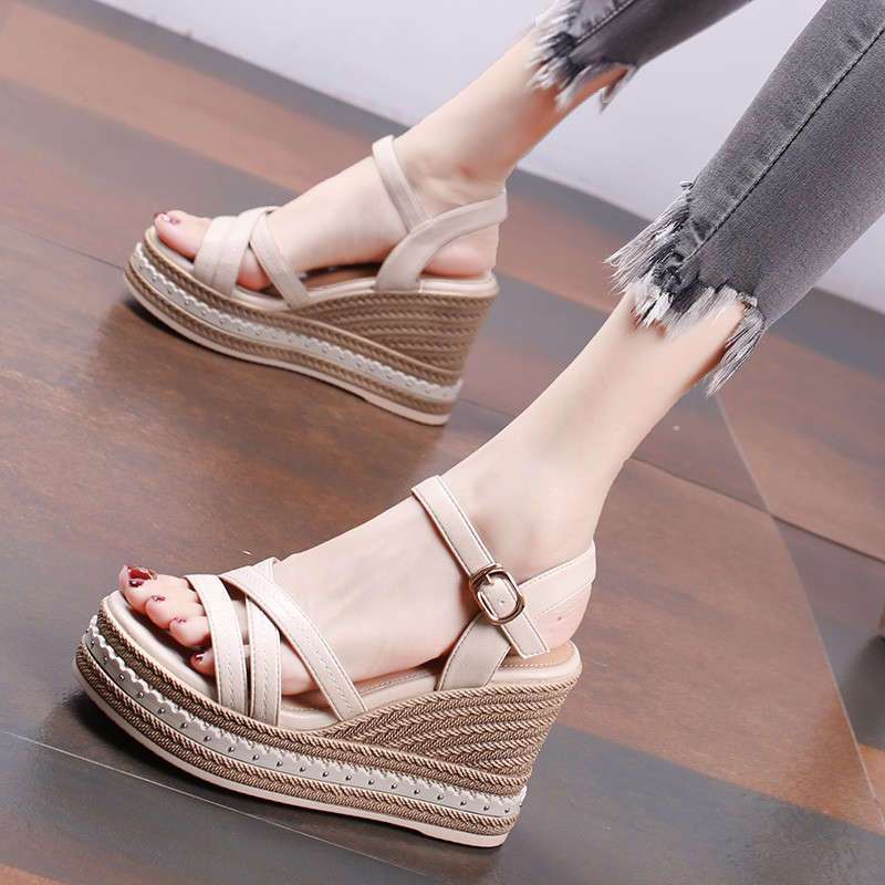 Fashion Woman Shoes Wedge With Platform Waterproof Leather Outdoor Sandals for Women Beige Original Summer 2024 Offers Sale H Luxury On