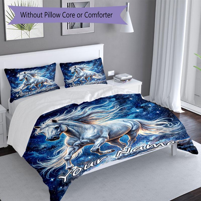 3PC Custom Name Galactic Horse Dreams Bedding Set Duvet Cover Closure Includes 1 Duvet Cover & 2 Pillowcases for Bedroom