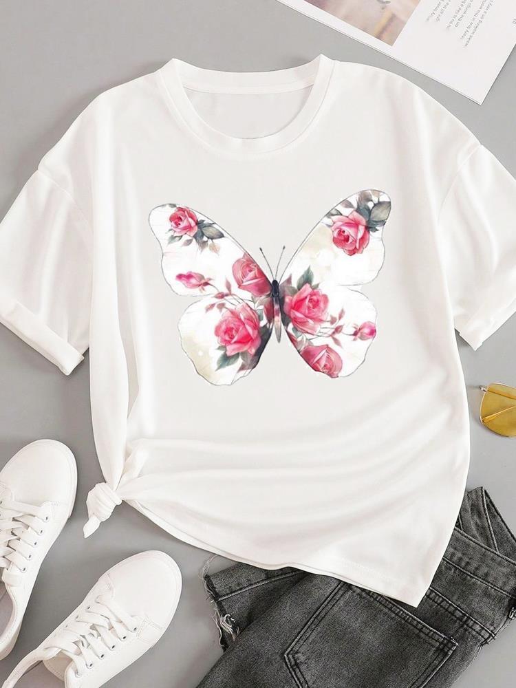 (Asian Size) Sweet Flower Feather Short Sleeve T-shirts Women's Top T Female Print Fashion O-neck Casual Clothing Graphic Tee