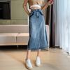 Spring and Summer Collision Denim Skirt Half-body Skirt  Women's Medium-length High-waisted Open A-line Skirt