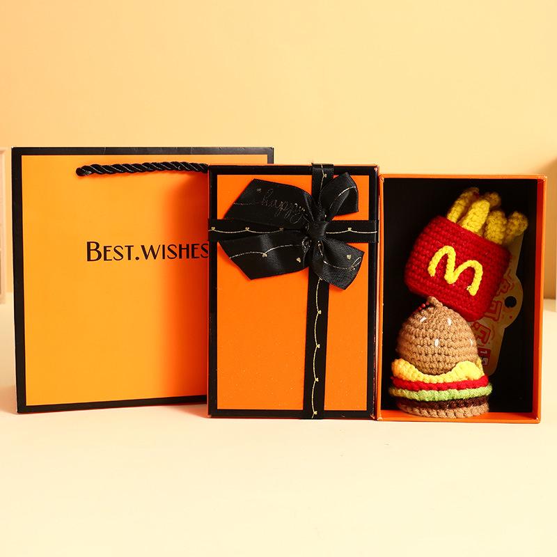 Шерстяной вязаный вручную плюшевый брелок-подвеска для сумки в виде бургера и картофеля фри