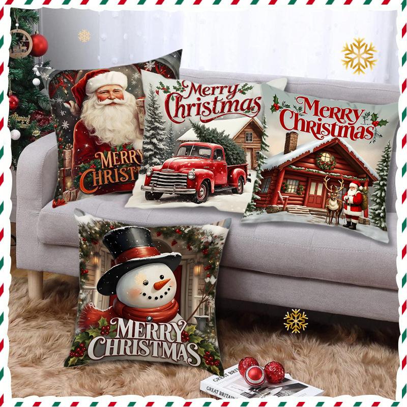 New Christmas Snowman Elk Print Festive Atmosphere Pillow Cover Home Office Car Cushion Cover