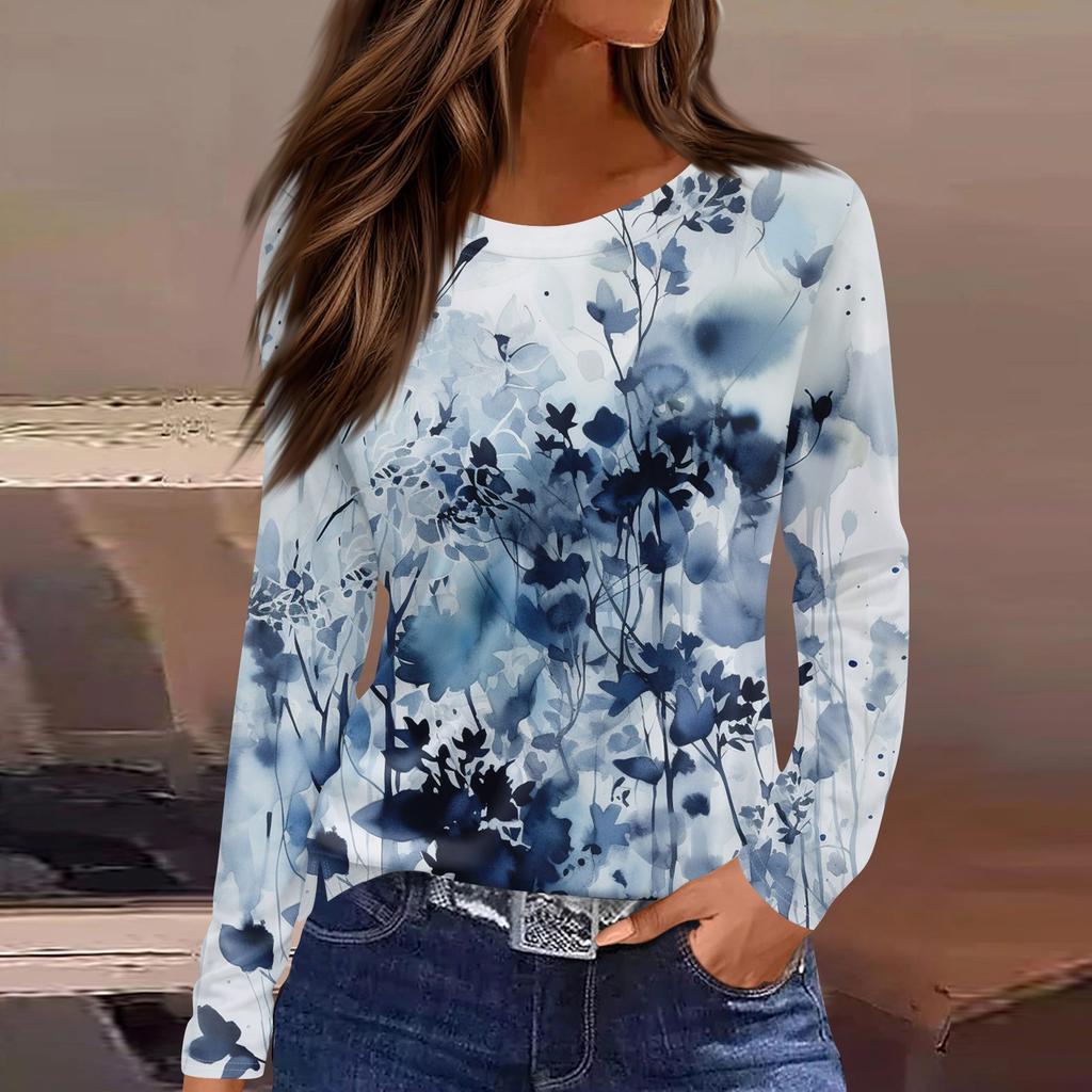 Женская мода повседневный топ с цветочным принтом и круглым вырезом, длинными рукавами