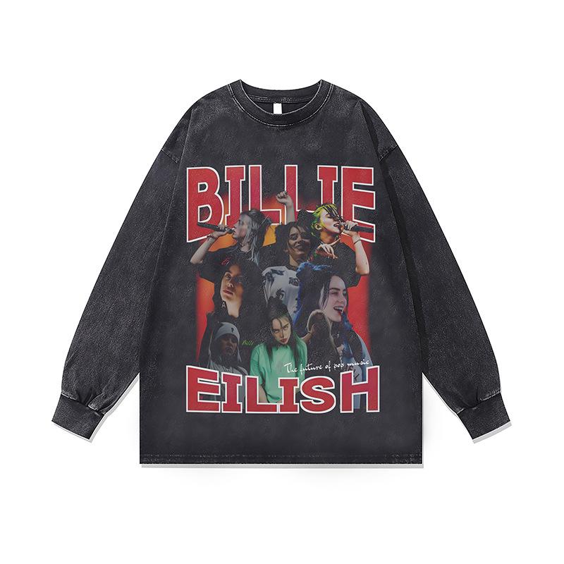 Хип-хоп Рэп Портрет Принт Винтажная Стирка Длинный Рукав Футболка Осень и Зима Свободная Хлопок Круглый Вырез Базовая Футболка Для Мужчин