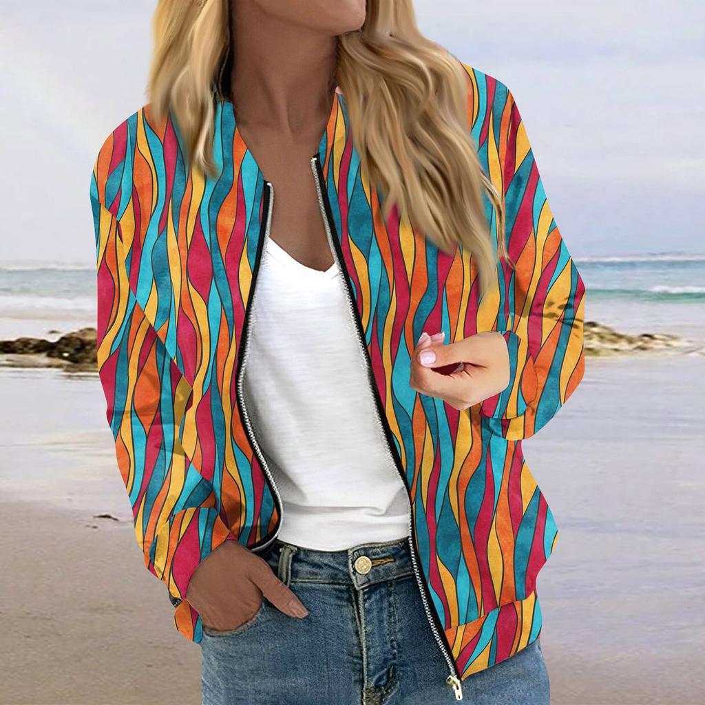 Куртки для женщин, легкие укороченные куртки с длинным рукавом на молнии, модная верхняя одежда с цветочным принтом, повседневные стеганые куртки с карманами