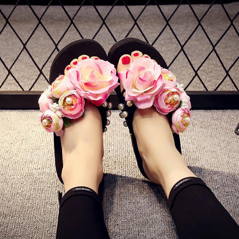 Женские летние тапочки на высоком каблуке 5 см, женские шлепанцы с блестками и цветами, праздничные дышащие нескользящие тапочки, уличная пляжная обувь