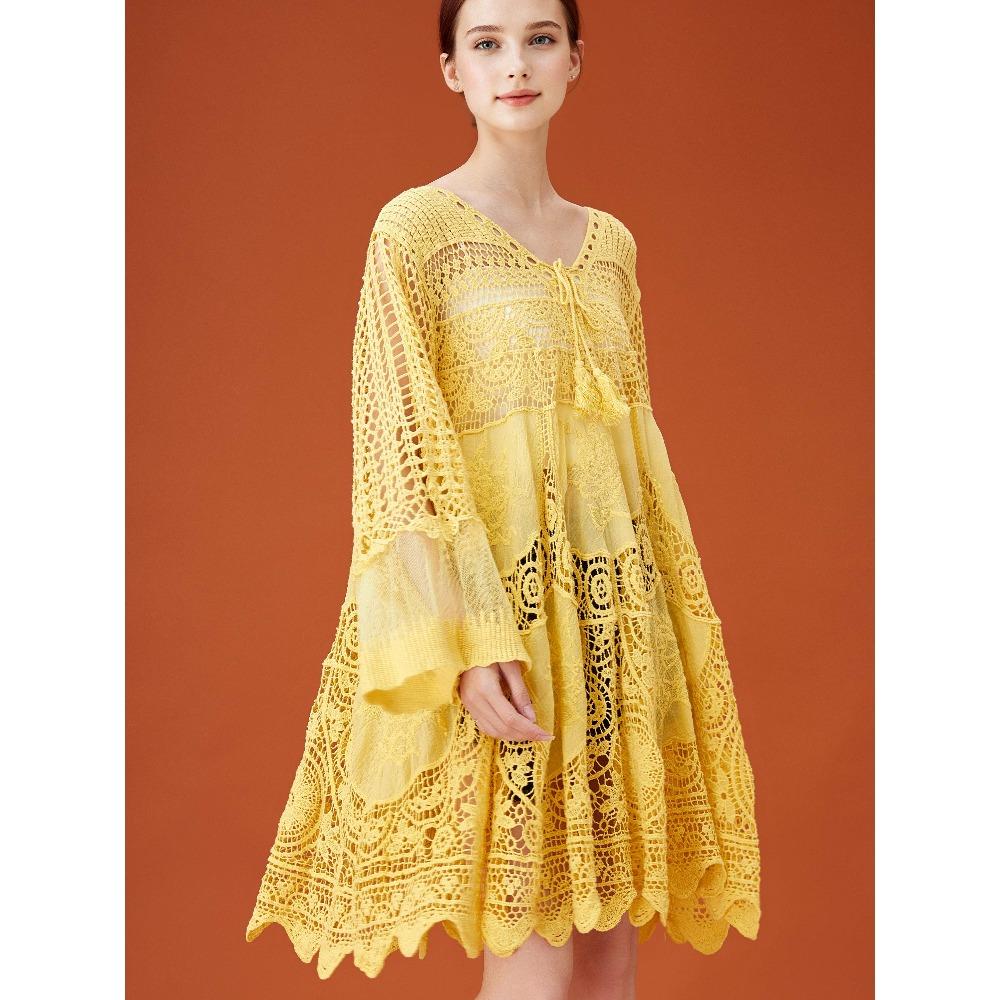 DIMANAF 2026 Новое летнее женское длинное базовое вязаное платье с рукавами Модное кружевное платье Повседневное свободное