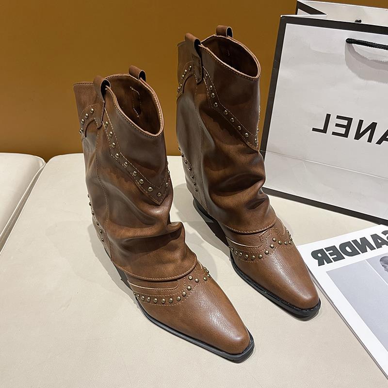 Осенние ковбойские сапоги рыцарские сапоги в стиле вестерн ретро новые остроконечные сапоги толстый каблук короткие сапоги женские брюки-трубы заклепки модные