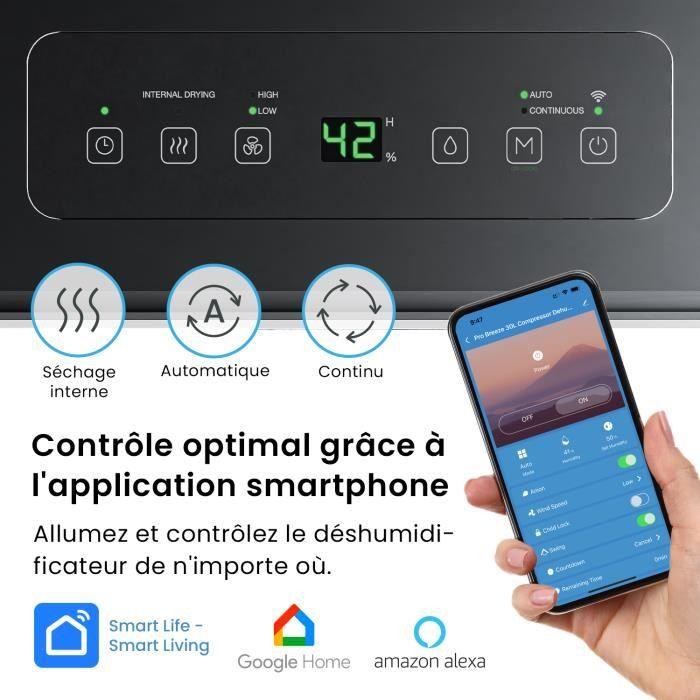 Pro breeze déshumidificateur compresseur connecté 30l/jour avec application smartphone, drainage continu et minuterie 24h