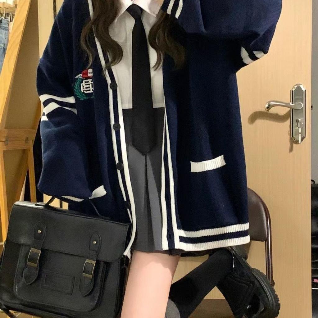 Колледж Стиль Новый Значок Вышивка Контрастный Цвет Свитер Кардиган Для Студенток Универсальный Трикотаж Куртка Модный