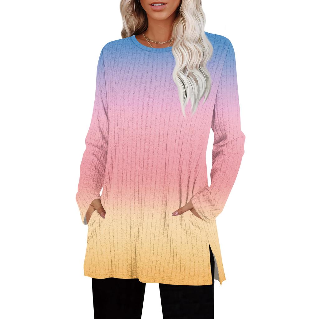 Womens Sweaters Crewneck Long Sleeve Shirts With Pockets Fall Outfits  Fashion Winter Clothing Side Slit