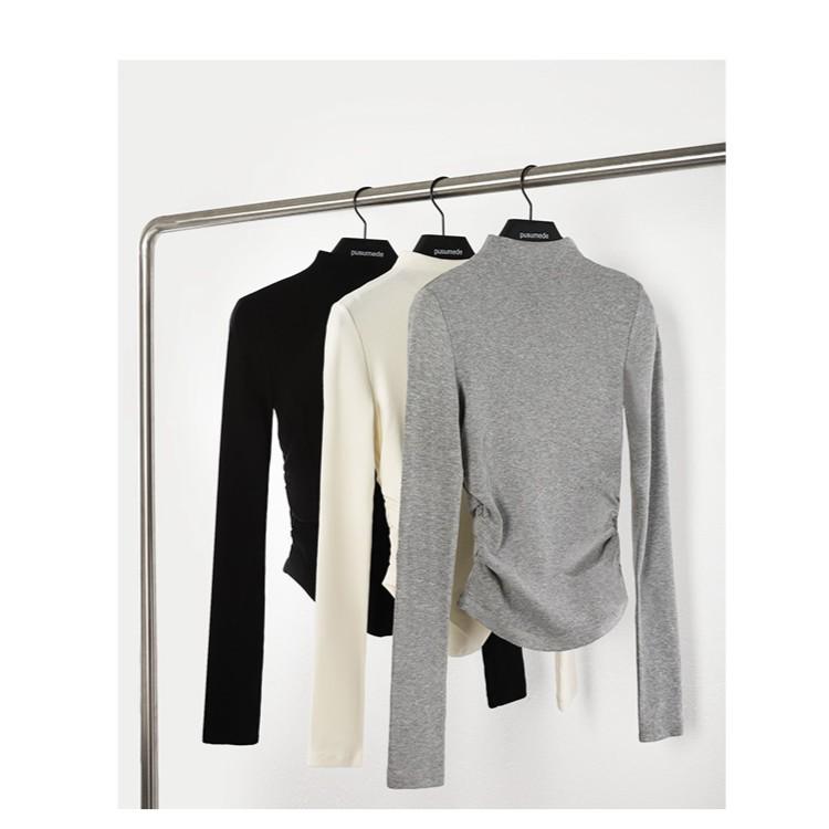 Женская облегающая бархатная плиссированная многослойная рубашка - воротник-стойка, длинный рукав, короткий стиль для осени/зимы