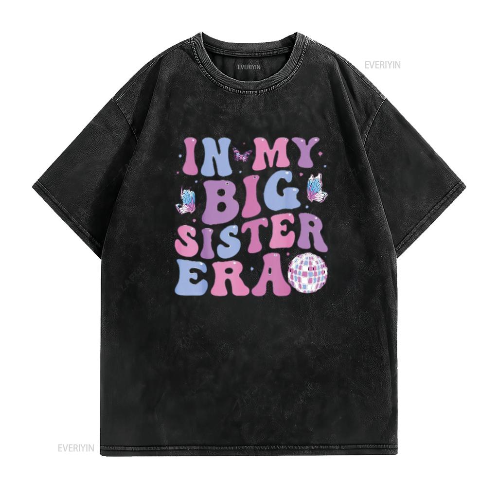 Groovy In My Big Sister Era Womens T Shirt White vintage Washed Versatile Slightly Top For Everyday Wear Comfortable Stretched