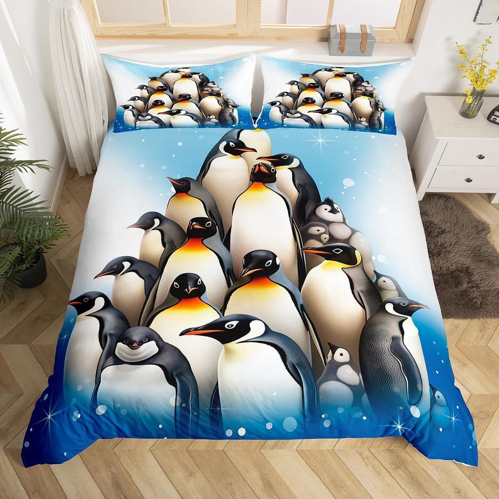 Penguin Bedding Set Galaxy Starry Sky Comforter Cover for Boys Girls Cartoon Penguin Duvet Cover Cute Antarctic Animal Bed Set