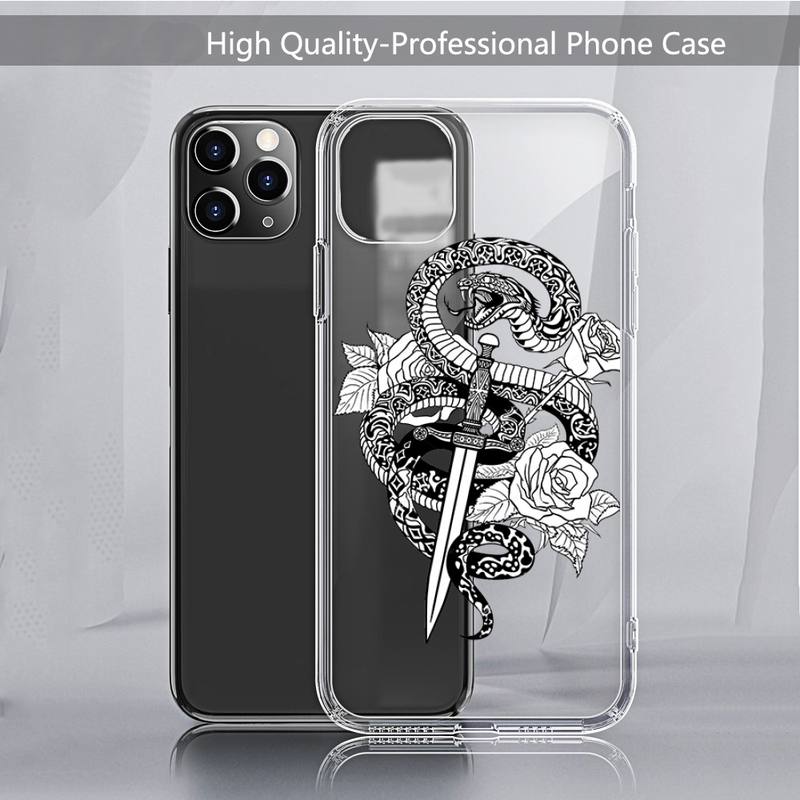 Черный чехол для телефона Flower Snake design art Прозрачный мягкий для iPhone 11 13 12 14 x xs xr pro max mini