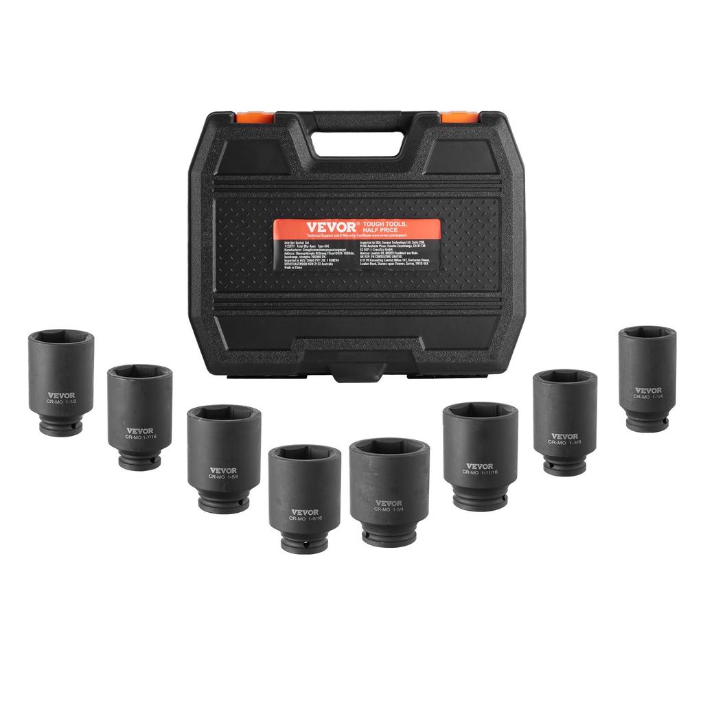 VEVOR Axle Nut Impact Socket Set, 1/2" Drive Deep 12-Point 8-Piece Metric Spindle Nut Socket Set