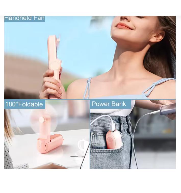 Portable Fan 2000mAh USB Rechargeable 3 Speed Mini Handheld Foldable Fan Hand Held Small Pocket Travel Fan with Handy Power Bank