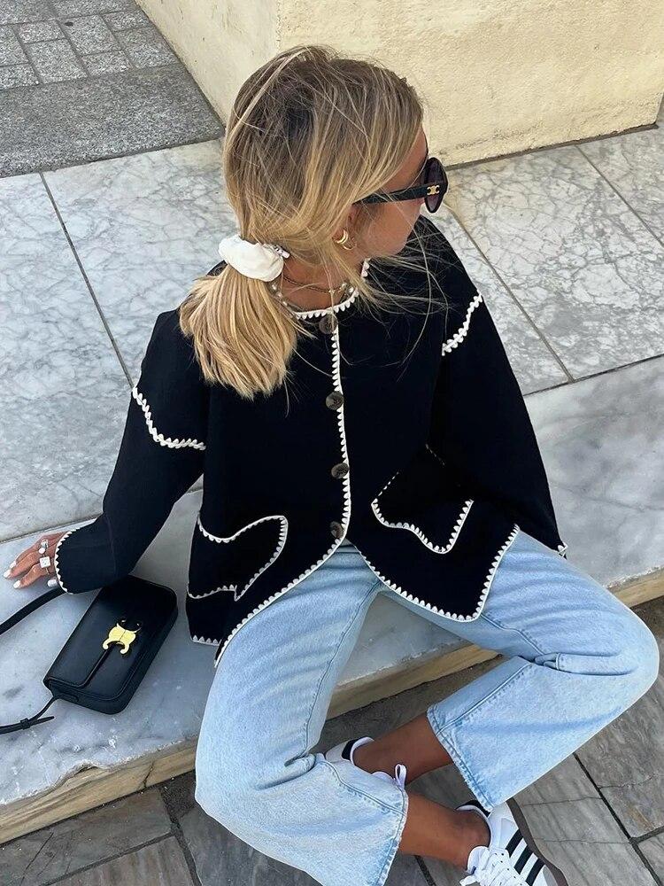 Модное женское пальто с круглым вырезом, осенне-зимнее однобортное пальто с длинными рукавами и карманами, женское элегантное лоскутное пальто в стиле High Street