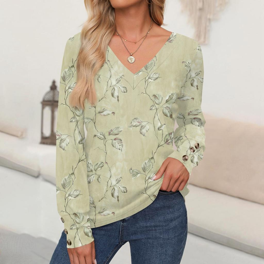 Women's Tops Floral Print Long Sleeve Shirt V Neck Casual Loose Tee Autumn Clothing